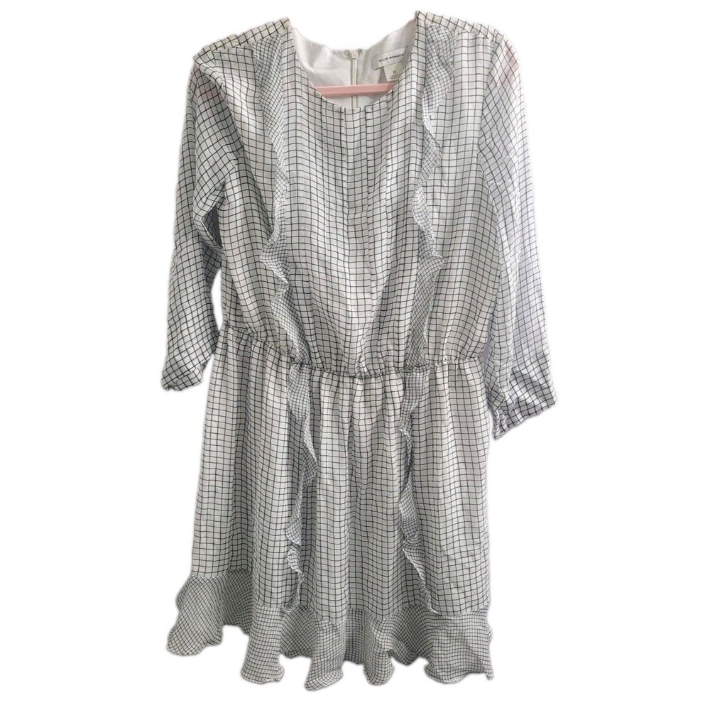 NWT Club Monaco Caluh Silk Dress White Black Windowpane Ruffle Size 12 $269